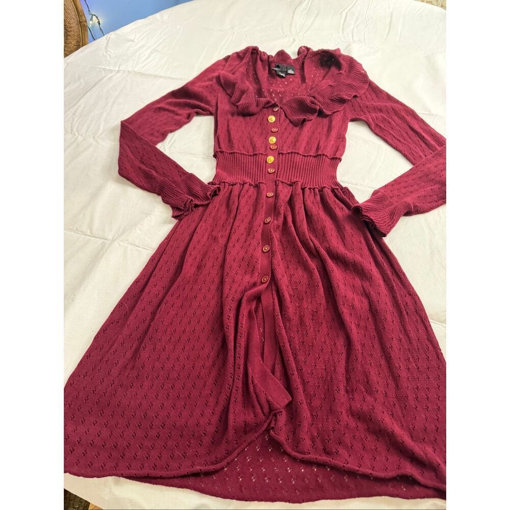 Nickโ& Mo Burgundy Pointelle Knit Ruffle Cardigan Sweater Dress Size Small